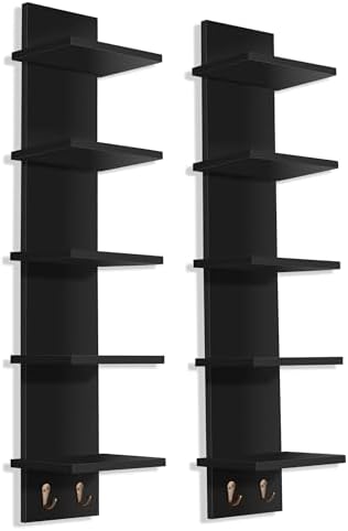 Sorbus 5-Tier Floating Wall Shelf with Hooks, 31 Inch (2 Pack, Black) | Vertical five-level utility organization for kitchens, bedrooms and bathrooms; holds towels and mounted essentials.