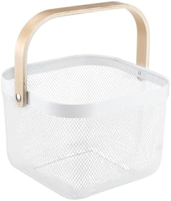 AJIODA Metal Mesh Wire Basket, Large Steel Basket with Wooden Handle Storage Organizer Basket Multi-functional Hanging Kitchen Baskets Fruit Baskets for Kitchen Bathroom Cabinet Pantry Snacks, White