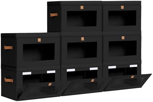 Homsorout Large Closet Storage Bins - Collapsible Clothes Organizer with Handles & Window, Decorative Boxes with Lids, Linen Closet Organizers for Living Room, Dorm, 8 Pack, Black