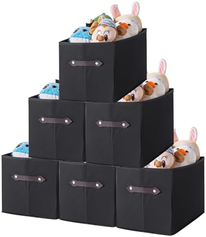 6 Pack Large Collapsible Storage Baskets for Shelves,14.9"x9.5" Fabric Closet storage Boxes with Leather Handles,Decorative Organizers Storage Bins for Clothes,Sheets,Toys,Books,(Black)