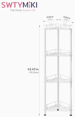 SWTYMIKI Standing Shower Caddy Corner - 4‑Tier Stainless Steel Shower Organizer Shelf with 16 Hooks and Adhesive Pads, Rustproof Corner Shelves Stand Rack for Bathroom Shower Room, white