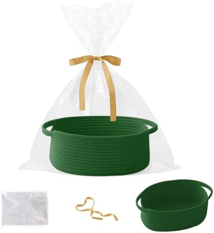 Woven Rope Basket - Baby Gift Basket with Bag & Ribbon, Green