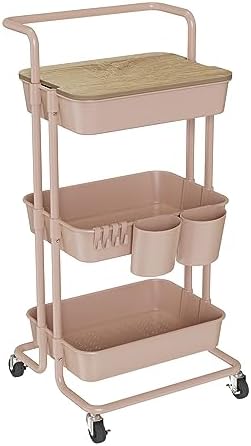 DTK 3 Tier Rolling Utility Cart with Cover Top Board, Movable Kitchen Storage Cart Trolley with Lockable Wheels, Cups, Hooks for Kitchen Bathroom Home Office Art Craft Storage and Organization(Pink)