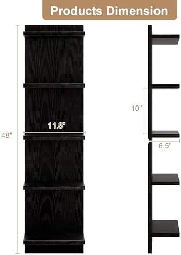 Fun Memories 5-Tier Wall Shelf Unit, 48" Tall Floating Storage Organizer for Bedroom, Living Room, and Home Decor, Black Vertical Shelving Unit