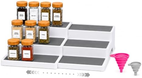 Pack of 1, Expandable 3 Tiered Spice Rack Organizer for Cabinet and Kitchen Pantry Shelf - Non-Slip Shelves for Spices, Seasoning, Canned Food, Medicine Cabinet Organizer - Includes Silicone Funnels