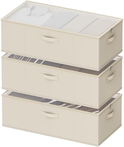 10inch 3 Pack Under Bed Storage Containers, 10 Inch Tall Underbed Clothes Storage Organizer Bin with Clear Window，Foldable Box Basket for Clothes, Closet, Bed Sheets and Blankets Beige