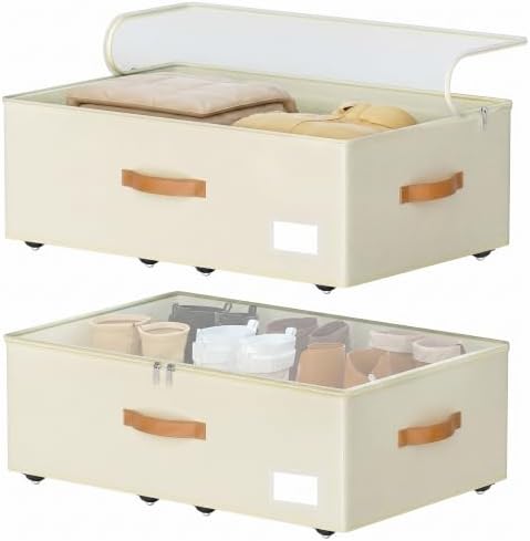 Shiningfuture Under Bed Storage with Wheels, No Assemble Required 12 inches height Under Bed Storage bins,Large capacity Rolling Underbed Shoe Storage containers，dorm underbed storage drawers