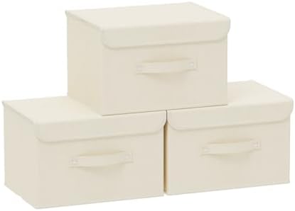 Cloth Storage Baskets with Handles,Beige 10.2x7.9x6.7in,3 Pack | Storage Boxes with Flip-Top Lids,Washable PP Panel Cube Drawer Organizers,Collapsible Underwear Divider Bins for Home