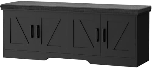 HOMSHO Farmhouse Shoe Storage Bench with 4 Barn Doors & Padded Seat Cushion