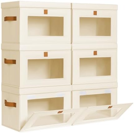DIMJ Storage Bins with Lids - 6 Pack Front Opening Stackable Fabric Storage Boxes with Clear Window & Handles, Collapsible Closet Organizers for Clothes, Sweaters, Shelf Storage, Bedroom, Beige