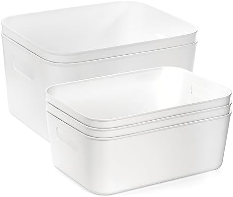 Peohud 5 Pack White Plastic Storage Bins, Pantry Organization and Storage Baskets with Handles, Open Plastic Storage Container for Home, Kitchen, Office, Shelves, Cabinet, Under Sink Organizer