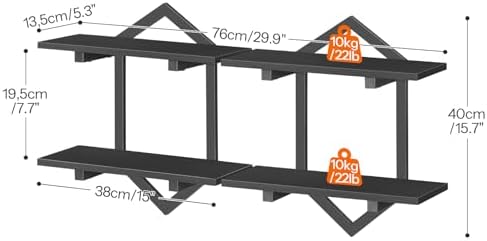 HOOBRO Floating Shelves for Wall, Set of 2 Wall Shelf, 15" Hanging Shelves | 2-Tier Wall Mounted Storage Shelves, for Living Room Bedroom Kitchen Office Study Bathroom Wall Decor, Black