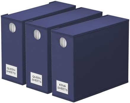 SpaceAid 3 Pack Bed Sheet Organizers and Storage, Foldable Sheet Organizer for Linen Closet, Sheets Set Folder Keeper with Window XL (Queen & King Size) Bedding Container (Navy Blue, 3 Pack)