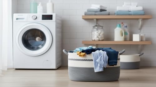 Large laundry basket woven from natural cotton rope with handles for storage clothes big decorative quilted baskets for blankets toys pillows hampers 22"x14.6"x12" Grey