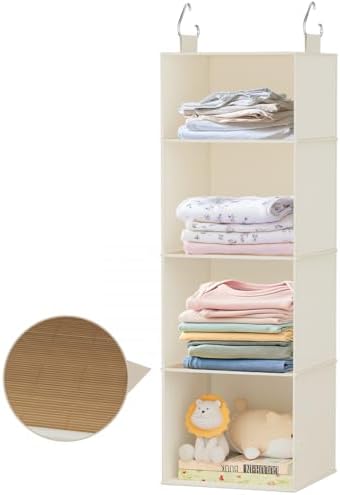 Hanging Closet Organizer and Storage with Bamboo Shelves - Foldable Storage for Clothes, Towels, Accessories | Space Saving, No Assembly Needed (Beige)