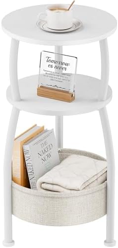 Small Round Side Table for Living Room with Storage Basket, 11.81in | End Table for Small Spaces , 3-Tier Nightstand Couch Corner Stand for Bedroom, Garden Family Room 24in Tall Matte White