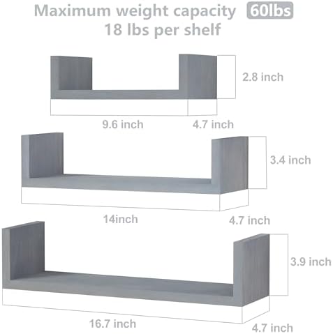 SRIWATANA Weathered Gray Floating Shelves, Set of 3 Wood Wall Shelves