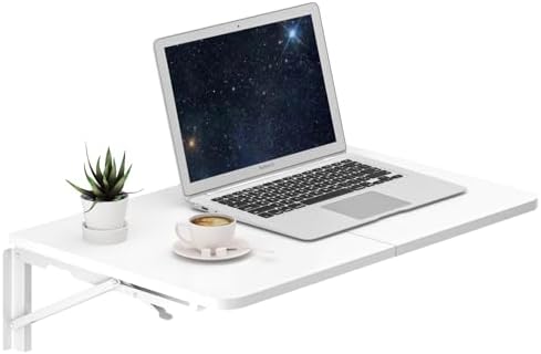 TEAMIX Wall Mounted Folding Table, White Floating Desk for Small Spaces Laundry Shelf with Heavy Duty Brackets Floating Desk for Garage, Utility Room, Kitchen, Laundry Room