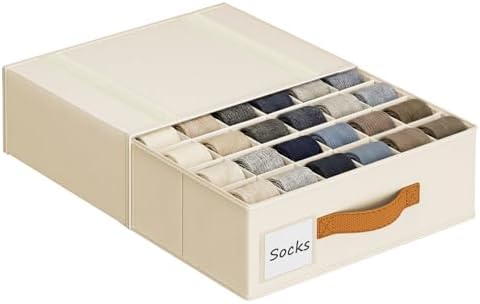 DIMJ Underwear Organizer for Closet 1 Pack, 24 Cell Sock Drawer Organizer Divider, Stackable Closet Storage Drawers, Fabric Organizer for Socks, Panties, Bra, Belt, Ties, Baby clothes, Scarf, Beige