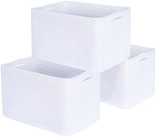 MINTWOOD Design 3-Pack Decorative Woven Storage Baskets for Shelves, Cube Bin Box for Organizing Books, Shoes, Dog Toys, Pantry Closet and Living Room Organizer, Full White