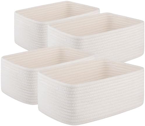 OIASKET 4 Pack Small Storage Shelf Baskets for Organizing, Mini Woven Rope Storage Bins for Towels, Cute Decorative Closet Organizer，Baby Nursery, Gift Empty Baskets -11.81''Lx7.87''Wx4.72''H-White