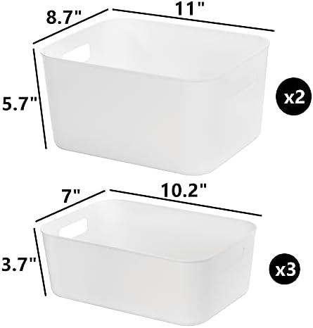 Peohud 5 Pack White Plastic Storage Bins, Pantry Organization and Storage Baskets with Handles, Open Plastic Storage Container for Home, Kitchen, Office, Shelves, Cabinet, Under Sink Organizer