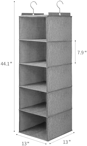 Large Hanging Sweater Organizer, Grey, 5 Shelf-1 d | Collapsible, 5-Shelf Hanging Closet Shelves, With Drawers, Washable