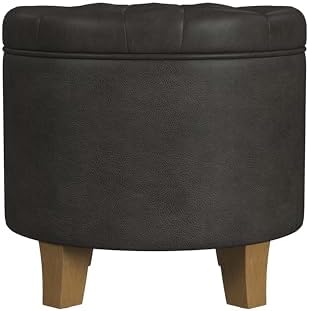 HomePop 19" Faux Leather Button Tufted Round Storage Ottoman - Black