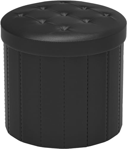 Bsketa Round Storage Ottoman, 14" Folding Leather Foot Rest Stool, Black | Round Leather Poufs with Thicker Foam Padded Seat, Living Room, Bedroom, Dorm, Entryway, Easy to install,14 x 14 x 13in