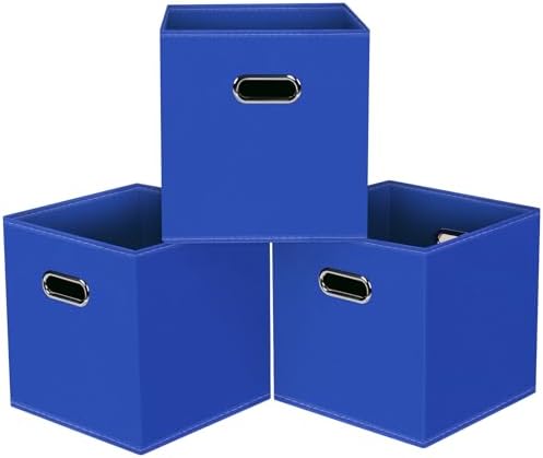 Black Foldable Storage Cubes Bins, Fabric Storage Box Cubes Organizer Baskets with Dual Handles for Home Organizer,Set of 3,(Dark Blue)