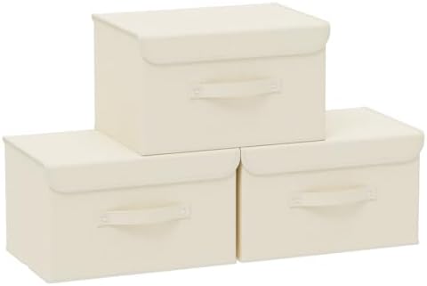 Cloth Storage Baskets with Handles,Beige 13x9.1x7.9in,3 Pack | Storage Boxes with Flip-Top Lids,Washable PP Panel Cube Drawer Organizers,Collapsible Underwear Divider Bins for Home