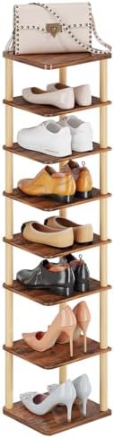 8 Tiers Vertical Shoe Rack, Tall Narrow Shoe Tower, Corner Shoe Rack, Brown