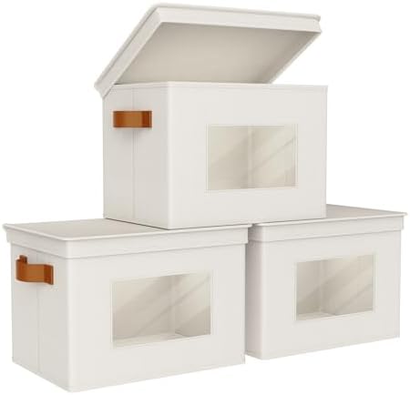 Univivi Fabric Storage Bins with Lids for Clothes 3 Pack, Beige
