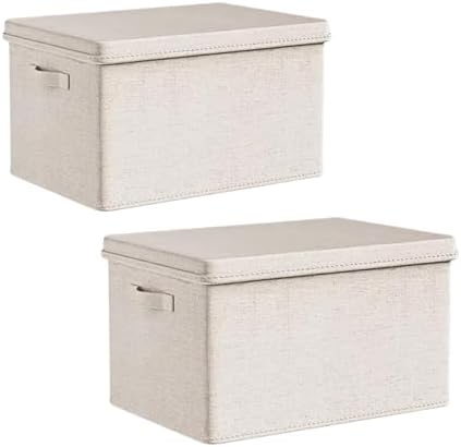Small Fabric Storage Bins with Lids 12.6*9.5*7 in, 2-Pack Storage Baskets for Closet, Large Linen Organizers and Storage Bins for Bedroom, Collapsible Baskets and Bins with Handles, Off White