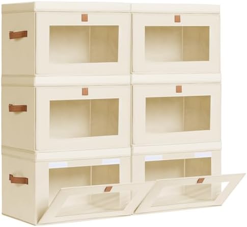 Homsorout Large Closet Storage Bins - Collapsible Clothing Organizer with Handles & Window, Decorative Bin with Lids, Linen Closet Organizers for Living Room, Dorm, 6 Pack, Beige