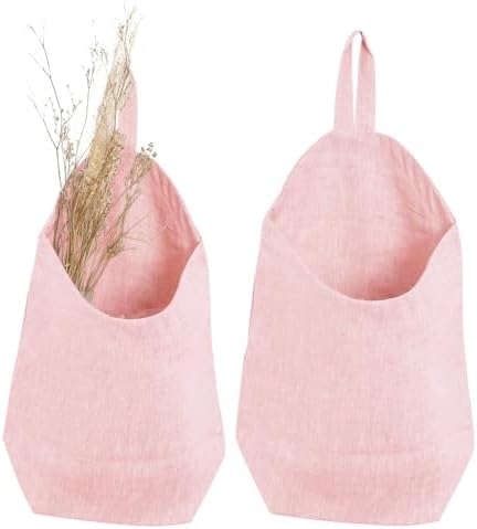 100% Linen Hanging Storage Bags Baskets 2 Pcs, Small Wall Storage Bag for Kitchen, Bedroom, RV Camper Organizer, Sewing Room, Nursery Storage, Kids Room (Pink)