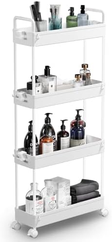 SOLEJAZZ Slim Rolling Storage Cart Skinny Bathroom Organizer, 4 Tier, White