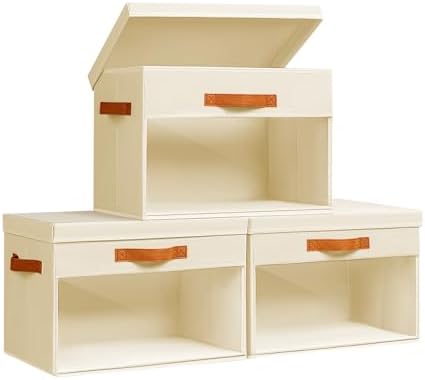 Homsorout Large Storage Bins with Lids - 3 Pack Foldable Decorative Organizers with Clear Windows & Handles, Cube Storage Organizers for Clothes, Blankets, Sweaters, Sheets, Beige