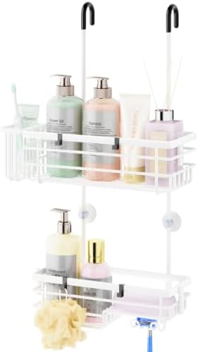 HapiRm Hanging Shower Caddy Organizer - No Drilling Shower Shelves with Hooks and Toothbrush Holder, Rustproof 304 Stainless Steel Bathroom Organizer - White