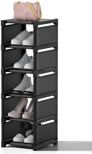 6-Tier Narrow Shoe Rack, Vertical Small Space Shoe Organizer, 9.84" Compact Slim Shoe Shelf for Closet & Entryway, Sturdy & Tool-Free Assembly, Adjustable Height for Boots