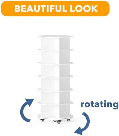 SpaceAid Spinning Shoe Rack with Wheels, 6 Tier Rotating Organizer Shoe Tower Lazy Susan with Thick Bottom, 360 Display Revolving Storage Shelf, Round Circular Rotate Organization, White