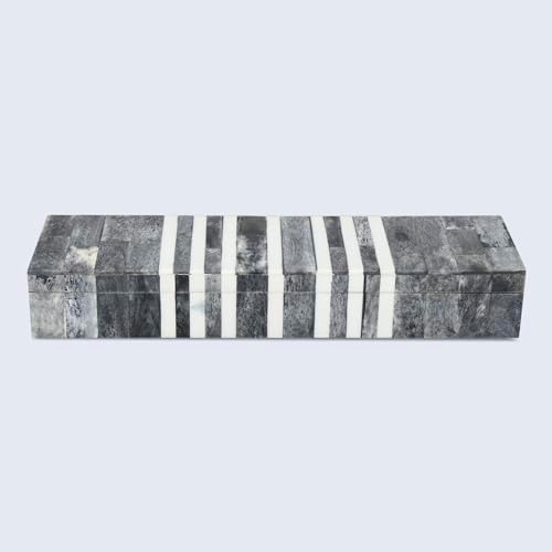 Handicrafts Home Decorative Storage Box with Lid, Patisserie Cafe Stripe Pattern Remote Holder Box, Slim Coffee Table Storage Organizer, Wooden Kitchen Counter Desk Shelf Box, Grey & White, 10x2.5x1.5
