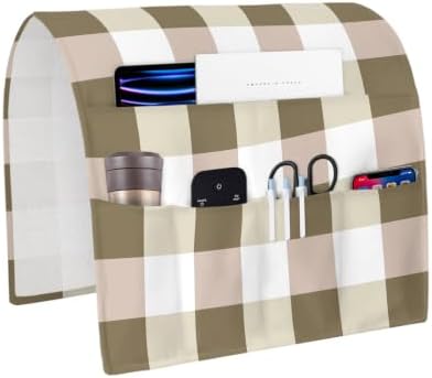 Sofa Armrest Organizer Bedside Caddy Brown White Buffalo Plaid Armchair Couch Caddy with Pocket Remote Control Holder Classic Checked Arm Chair Caddy for Recliner Glasses Phone Tablets 20"x35"