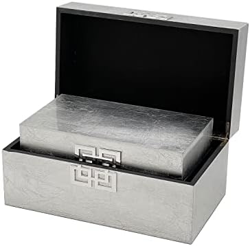 Galt International Storage Box Set Decorative Storage Box w/Hinged Lid Classic Design Wood Decor Boxes with Geometric Clasp Storage for Bedroom & Home - Set of 2 (Silver)