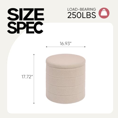 17 in Round Storage Ottoman,Boucle Sherpa Ottoman with Tray, Faux Teddy Footrest for Bedroom Dorm Living Room