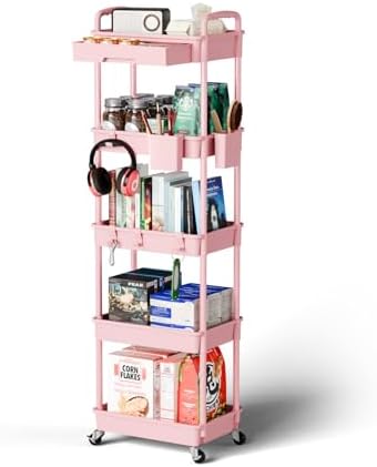 Sorgion 5 Tier Rolling Cart Organizer,Bathroom Cart Organizers with Wheels Laundry Room Organization Mobile Shelving Unit Utility Cart Storage Shelves Multi-Functional for Office, Home(Pink)