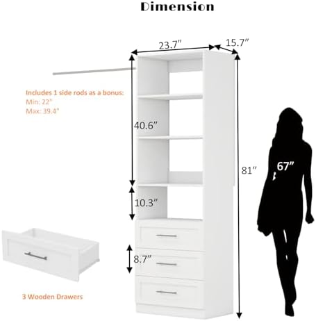 Closet Organizer System with Drawers Wood Closet Shelving System Small Walk in Closet Standalone Corner Closets Storage with Hanging Rods White (2FT)