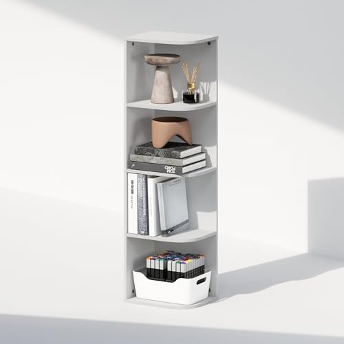 Furinno Reed Corner Shelf, 4-Tier Corner Bookshelf, Book Shelf, Corner Shelves, Storage Rack, for Organization and Storage, Home Office, Living Room, White