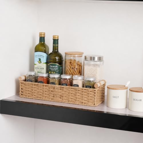 Woven Paper Rope Toilet Paper Basket with Wooden Handles - Rectangular Basket Organizer for Bathroom, Storage Basket for Towels, Diffuser (Beige, 2PACK-13.8" L x 5.7" W x 3.9" H)