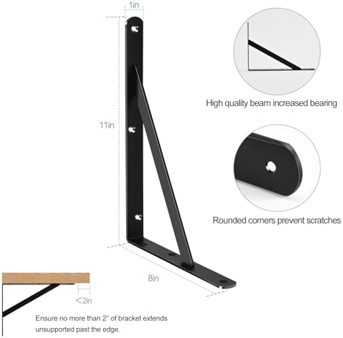 8 Pack L11 x H 8" Black Heavy Duty Shelf Brackets with Screws Metal Shelf Brackets Shelf Support Angle Brackets for Shelves L Brackets Heavy Duty Floating Shelf
